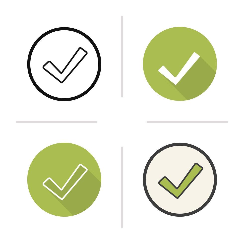 Tick icon. Flat design, linear and color styles. Confirmation check mark. Accept and approve sign. Isolated vector illustrations