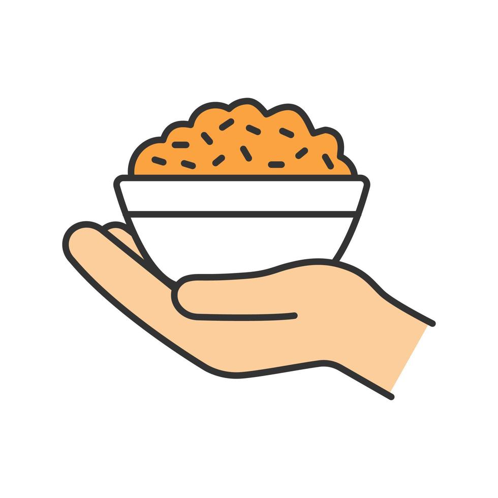 Food donation color icon. Open hand with rice bowl. Chinese fried rice for free. Isolated vector illustration
