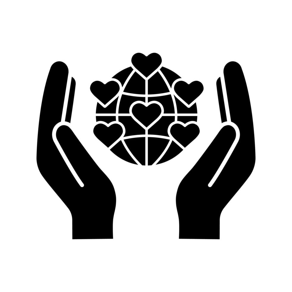International charity glyph icon. Silhouette symbol. Hands holding planet with heart points. Earth saving. Global volunteering. Negative space. Vector isolated illustration