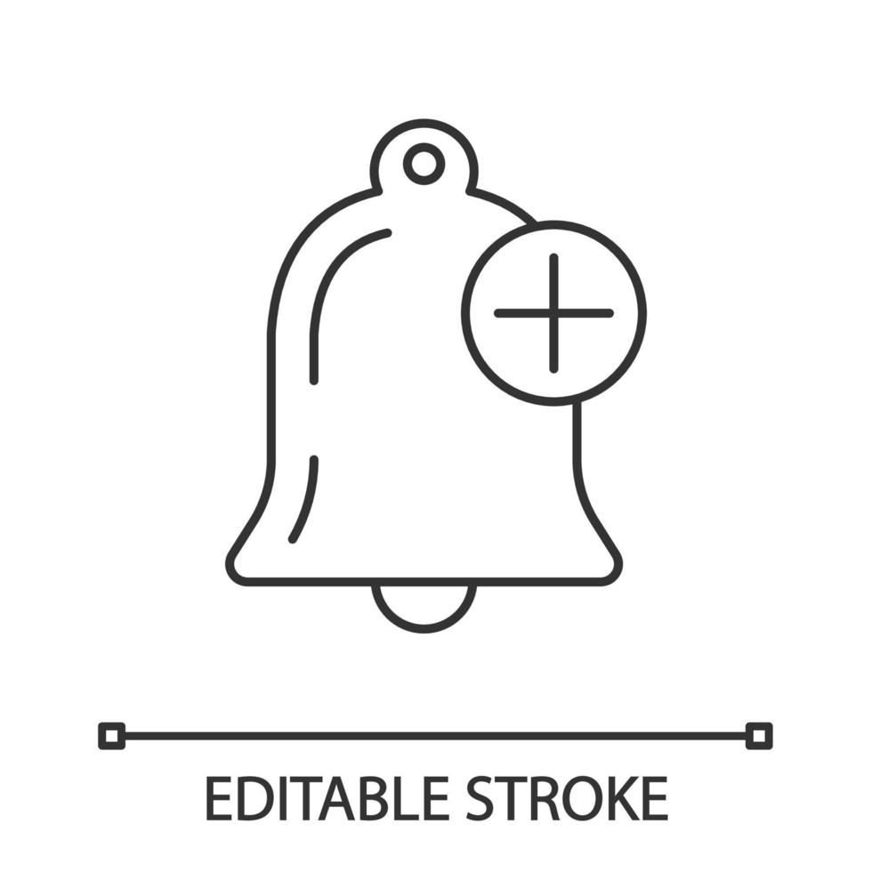 Add alert linear icon. Bell with plus sign. Thin line illustration. Notification. Reminder alarm. Contour symbol. Vector isolated outline drawing. Editable stroke