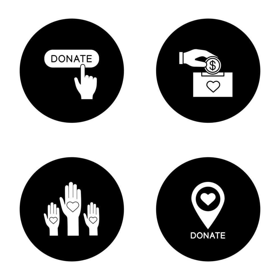 conjunto de iconos de glifo de caridad. caja de donación, unidad en la diversidad, ubicación de la organización de caridad, botón de clic para donar. ilustraciones de siluetas blancas vectoriales en círculos negros vector