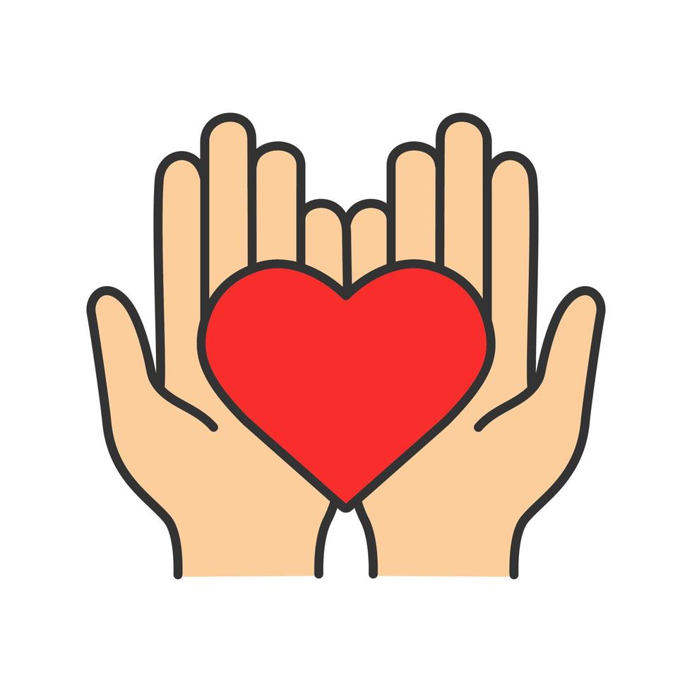 Charity color icon. Life insurance. Medicine and healthcare. Hands holding heart. Isolated vector illustration