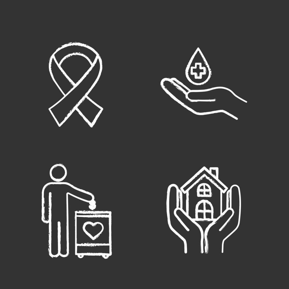 Charity chalk icons set. Fundraising, anti HIV ribbon, blood donation, shelter for homeless. Isolated vector chalkboard illustrations
