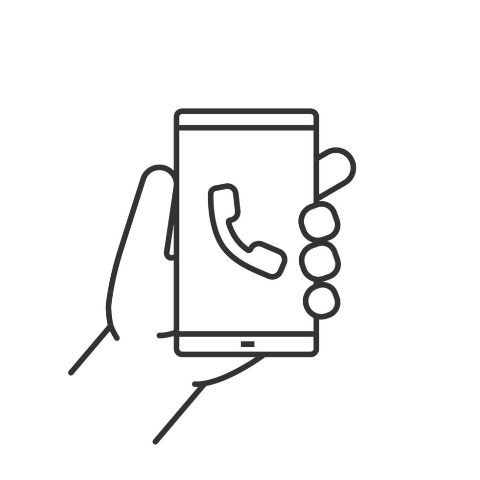 Hand holding smartphone linear icon. Thin line illustration. Smart phone incoming call contour symbol. Vector isolated outline drawing