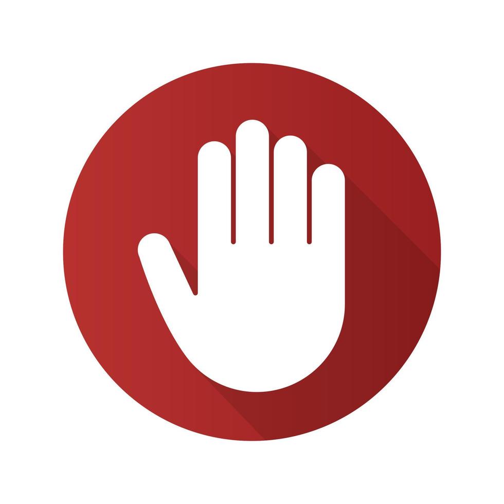 Palm flat linear long shadow icon. Stop, greeting and high five gesture. Vector line symbol