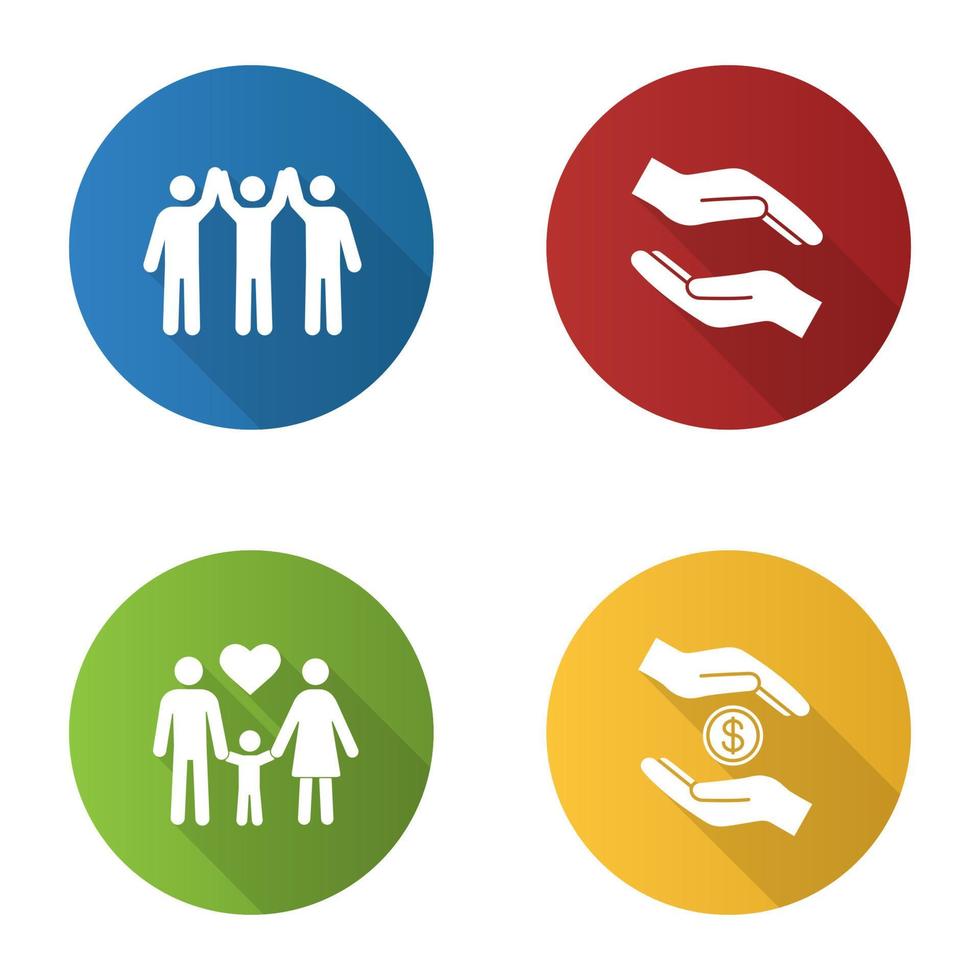 conjunto de iconos de glifo de larga sombra de diseño plano de caridad. manos amigas, adopción, organización benéfica. ilustración de silueta de vector