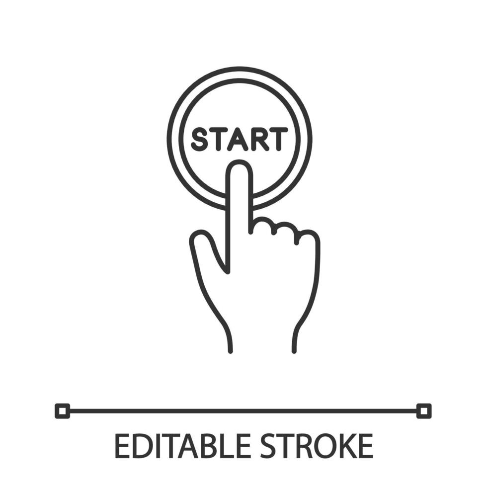 Start button click linear icon. Launch. Hand pushing button. Thin line illustration. Contour symbol. Vector isolated outline drawing. Editable stroke