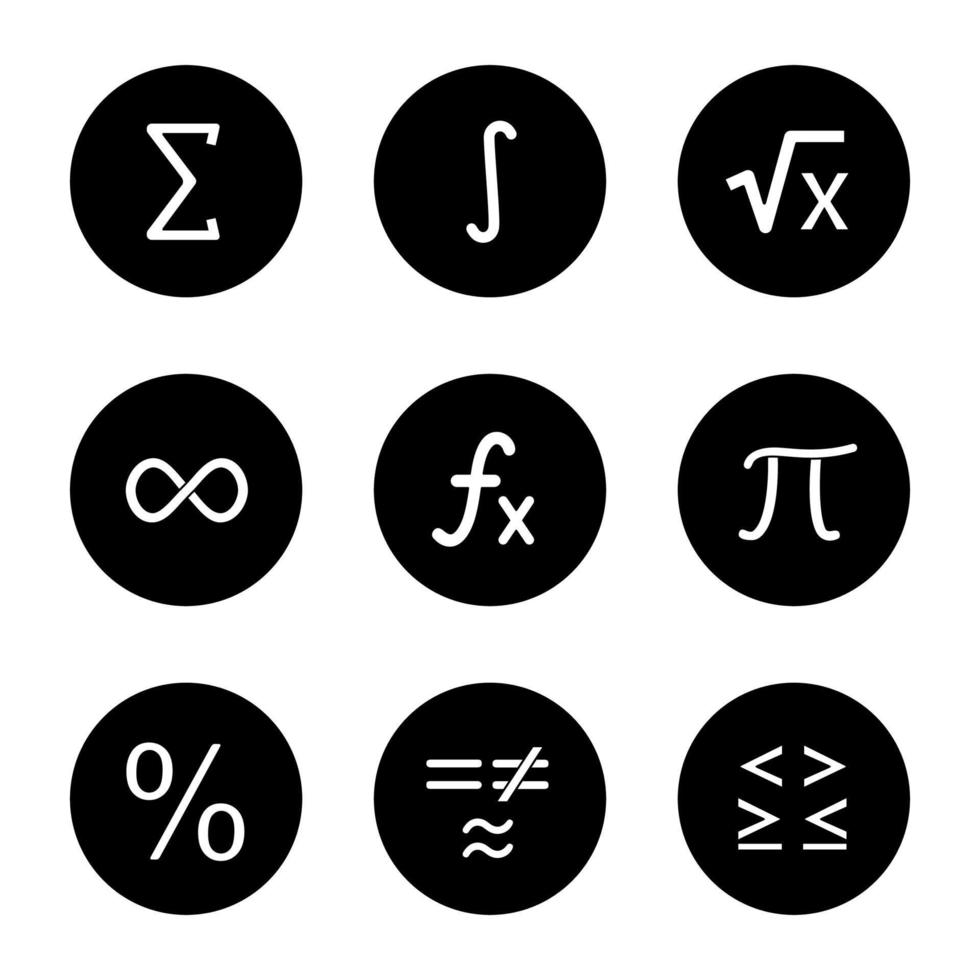 Mathematics glyph icons set. Math symbols. Algebra. Vector white silhouettes illustrations in black circles