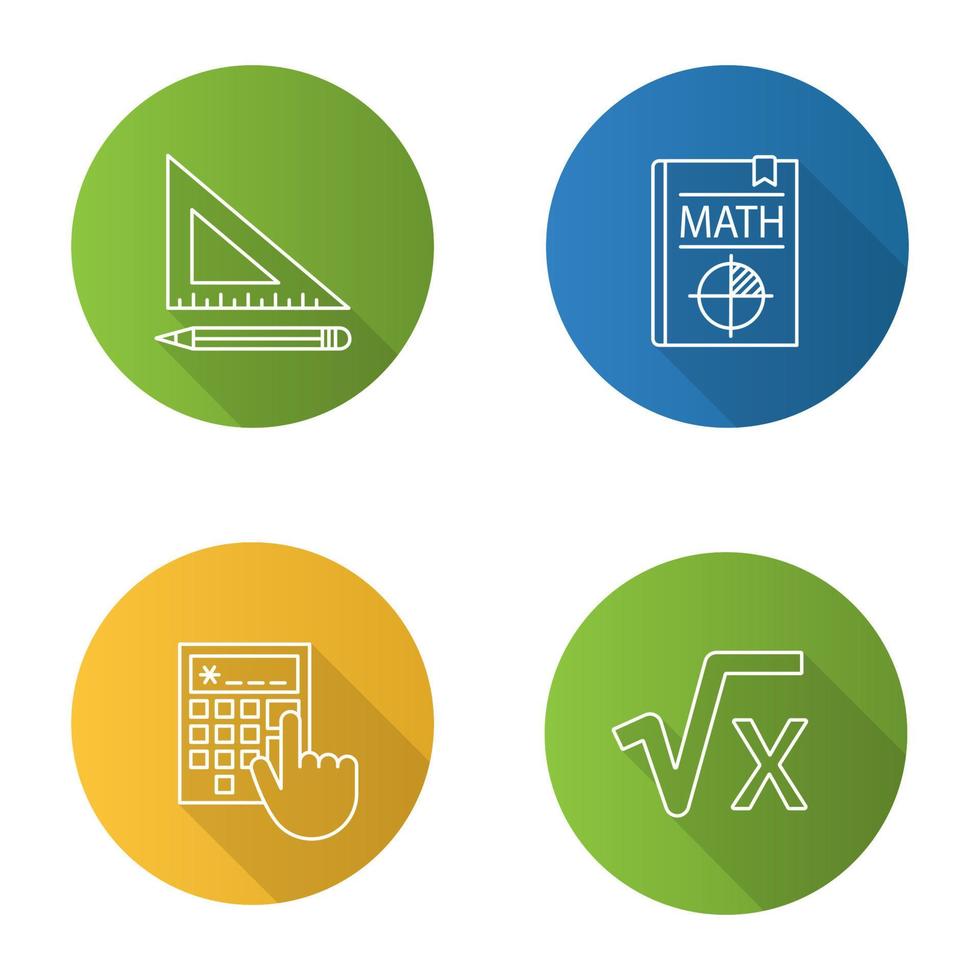 Conjunto de iconos de larga sombra lineal plana de matemáticas. regla triangular y lápiz, libro de texto de matemáticas, calculadora, raíz cuadrada de x. ilustración de contorno vectorial vector