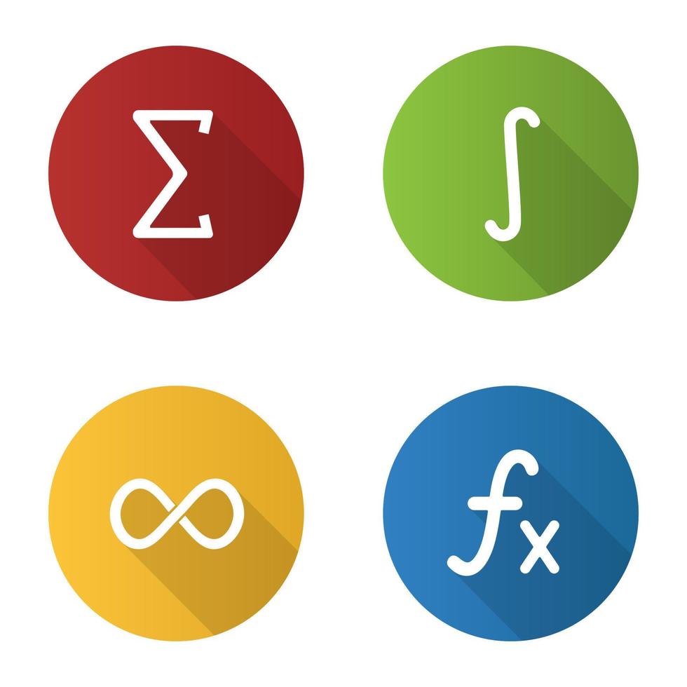 Conjunto de iconos de glifo de larga sombra de diseño plano de matemáticas. sigma, integral, signo de infinito, función. ilustración de silueta de vector