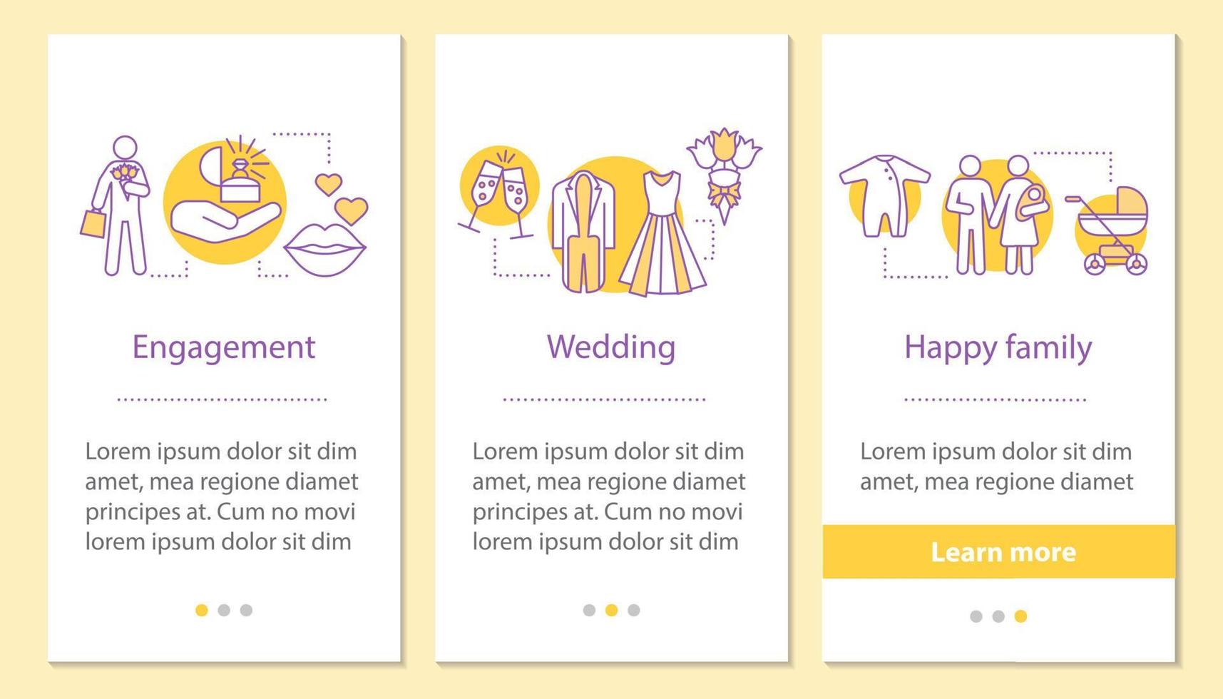 Family life cycle onboarding mobile app page screen with linear concepts. Engagement, wedding, happy family steps graphic instructions. UX, UI, GUI vector template with illustrations