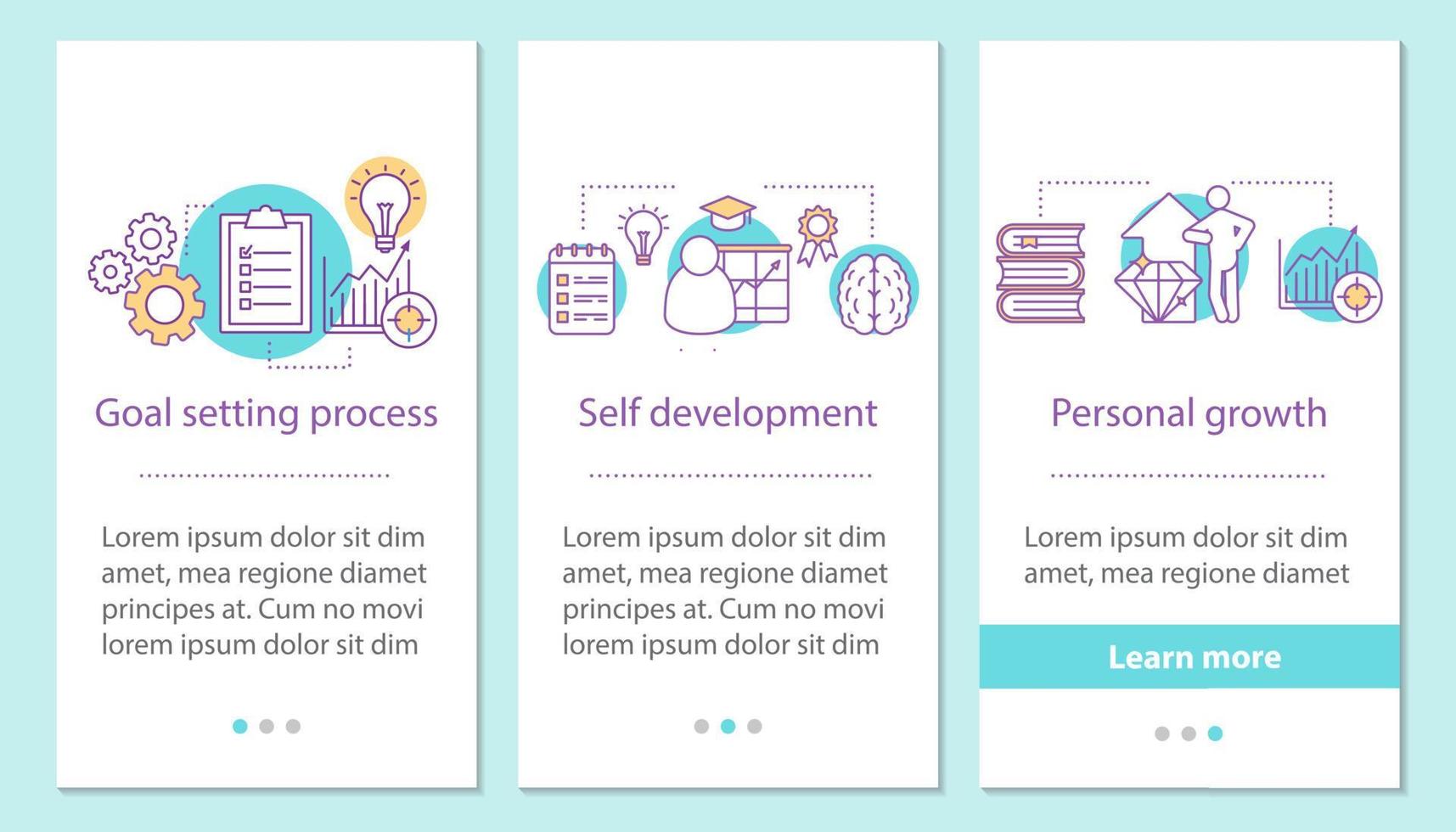 Success achieving onboarding mobile app page screen with concepts. Goal setting process, self development, personal growth steps graphic instructions. UX, UI, GUI vector template with illustrations