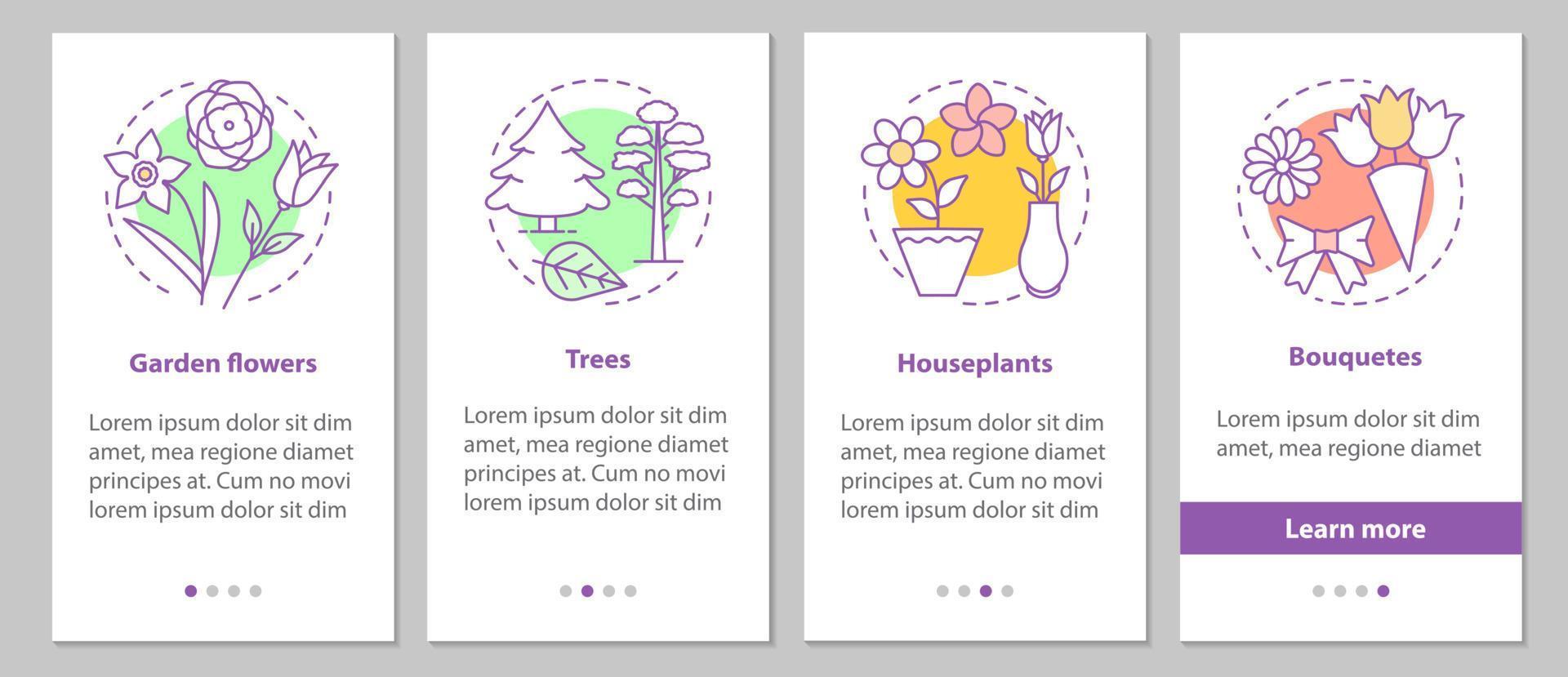 plantas incorporando la pantalla de la página de la aplicación móvil con conceptos lineales. flores de jardín, árboles, plantas de interior, ramos de flores pasos instrucciones gráficas. ux, ui, plantilla de vector de interfaz gráfica de usuario con ilustraciones