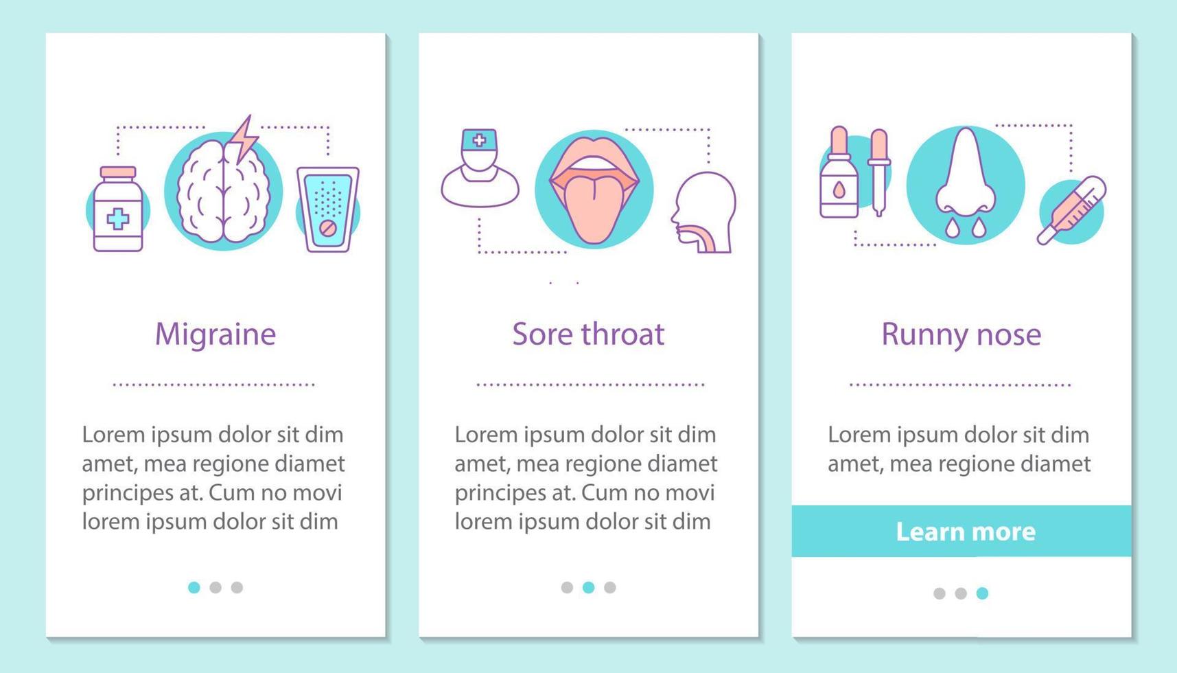 Flu symptoms onboarding mobile app page screen with linear concepts. Migraine, sore throat, runny nose steps graphic instructions. UX, UI, GUI vector template with illustrations