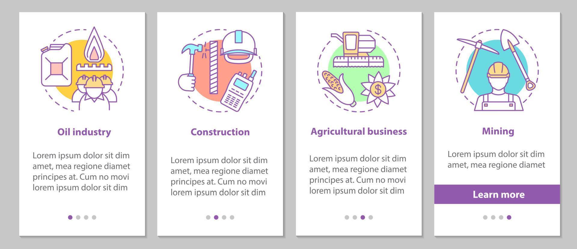 Industries onboarding mobile app page screen with linear concepts. Oil industry, construction, agricultural business, mining steps graphic instructions. UX, UI, GUI vector template with illustrations