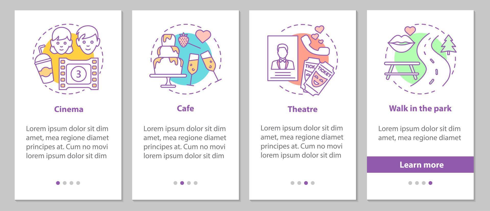 Types of dates onboarding mobile app page screen with linear concepts. Cinema, cafe, theater, walk in the park steps graphic instructions. UX, UI, GUI vector template with illustrations