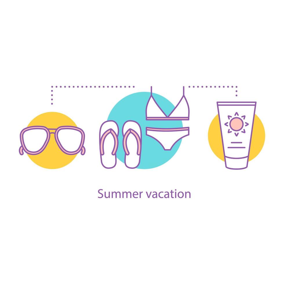 Summer rest concept icon. Vacation idea thin line illustration. Suntan cream, sunglasses, swimsuit and beach flip flops. Sunbathing. Summer accessories. Vector isolated outline drawing