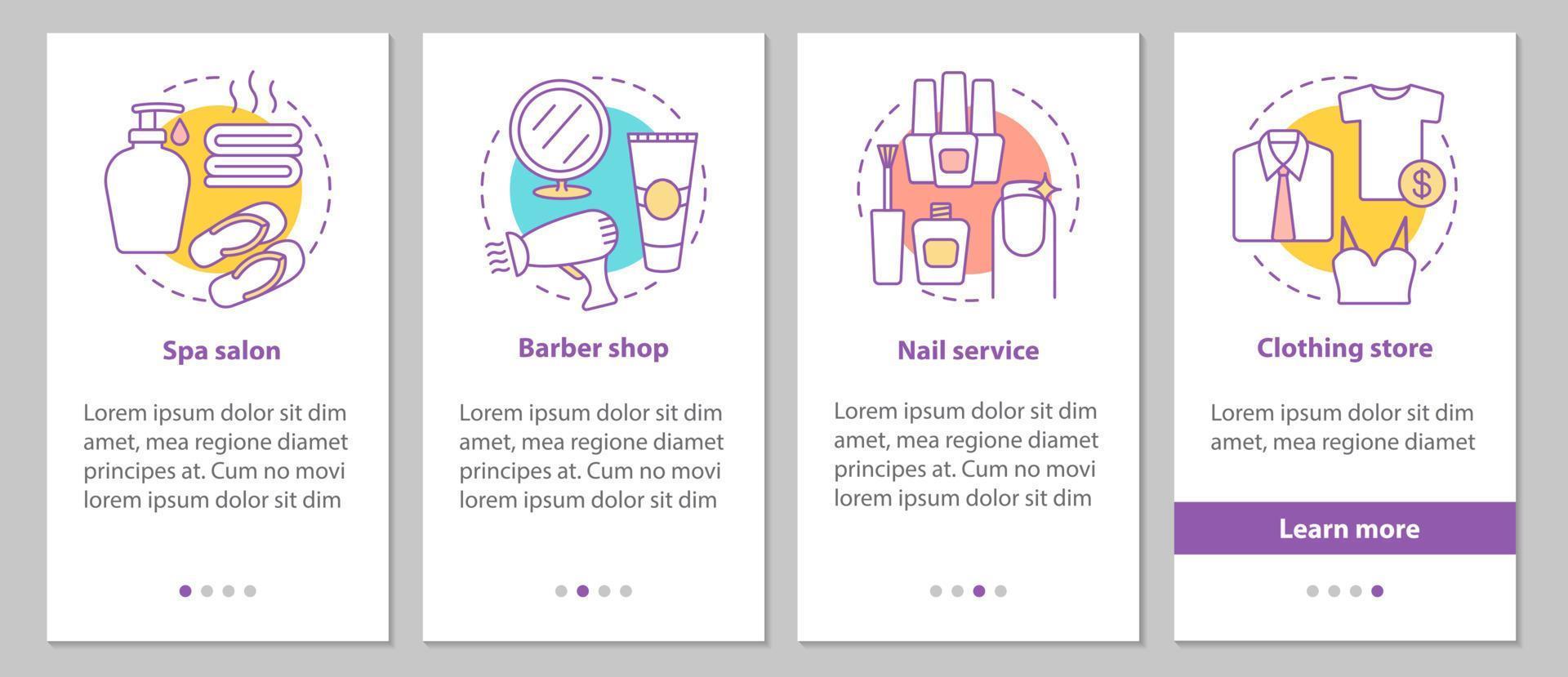 Beauty services onboarding mobile app page screen with linear concepts. Manicure, barbershop, spa salon, clothing store steps graphic instructions. UX, UI, GUI vector template with illustrations