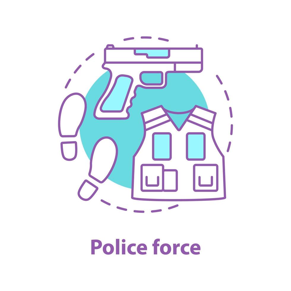 Police force concept icon. Law enforcement idea thin line illustration. Police tactical vest, gun, fingerprints. Vector isolated outline drawing