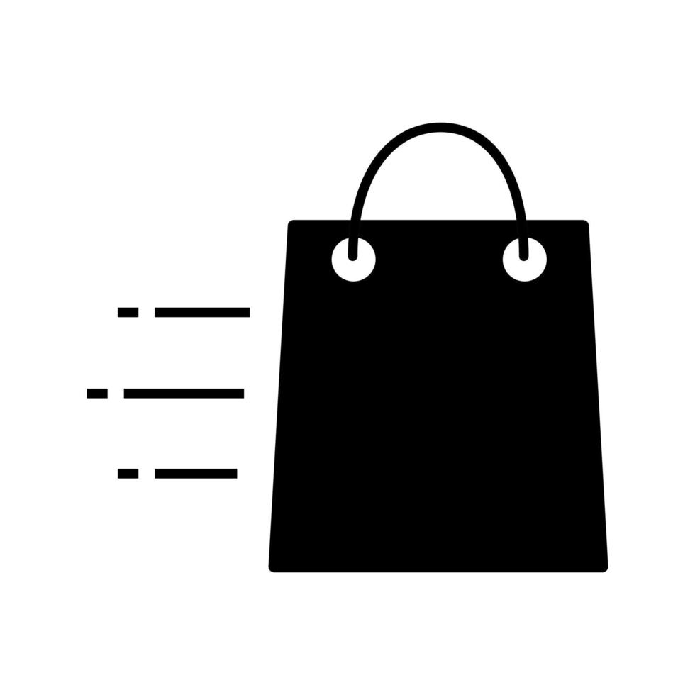 Flying shopping bag glyph icon. Fast purchases delivery. Quick online shopping. Silhouette symbol. Negative space. Vector isolated illustration