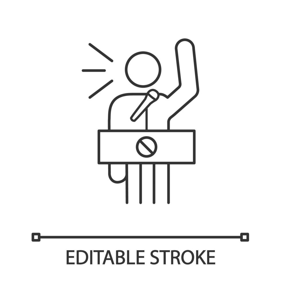 Protester speech linear icon. Political or social movement participant. Thin line illustration. Protest leader. Person shouting slogans. Vector isolated outline drawing. Editable stroke