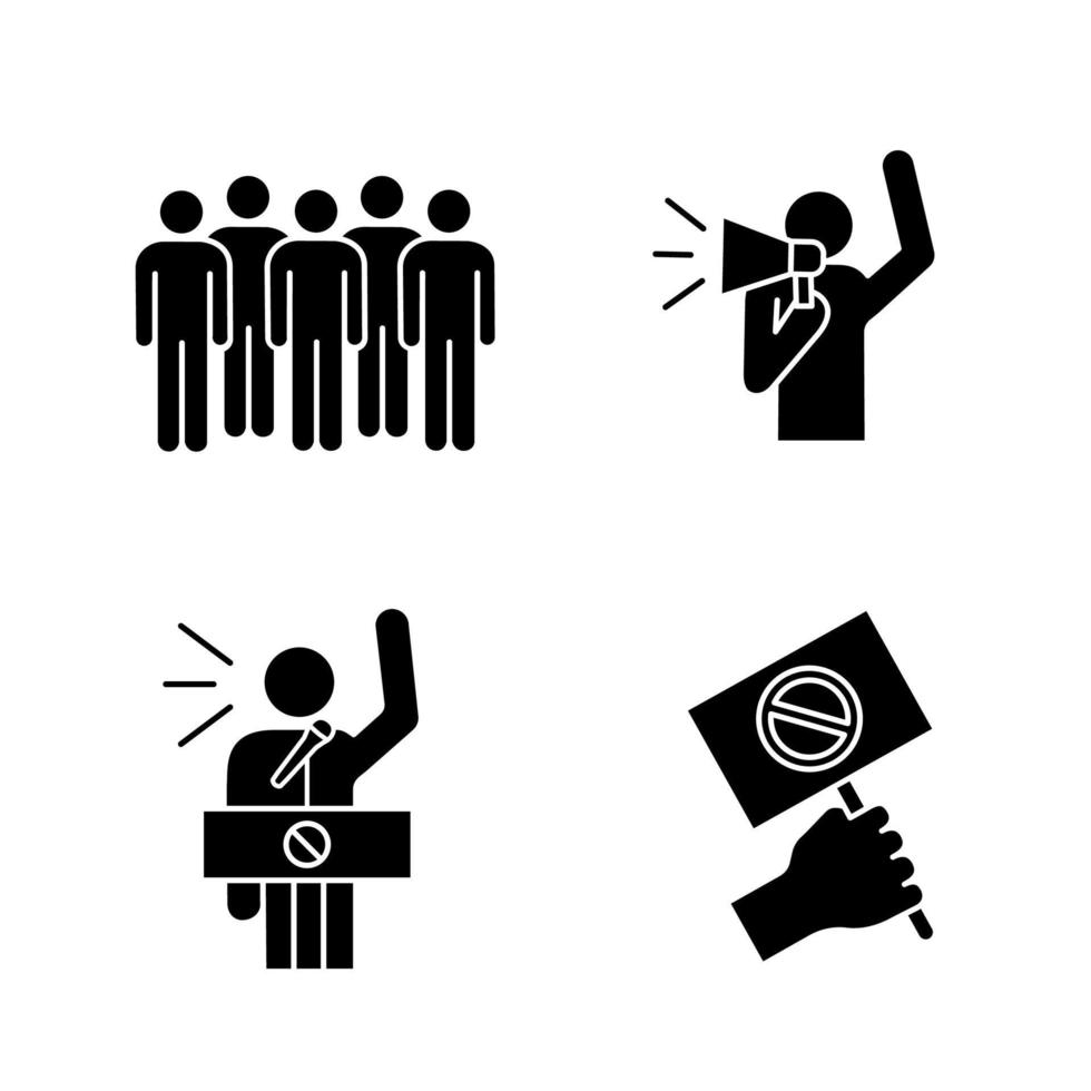 Conjunto de iconos de glifo de acción de protesta. reunión, manifestante, pancarta de protesta, discurso. símbolos de silueta. vector ilustración aislada