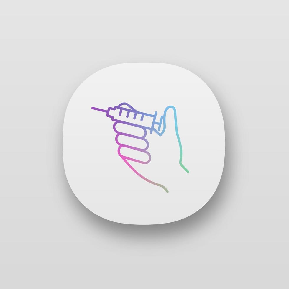 Injection app icon. UI UX user interface. Hand holding syringe. Doctor s hand. Neurotoxin injection. Vaccination. Treatment. Web or mobile application. Vector isolated illustration