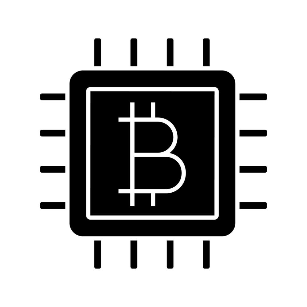 CPU mining glyph icon. Cryptocurrency mining hardware. Bitcoin sign inside microchip. Silhouette symbol. Negative space. Digital money. Vector isolated illustration