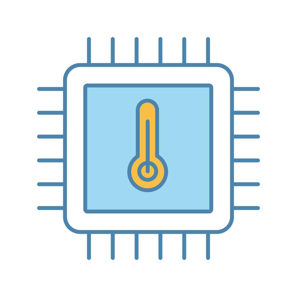 Processor temperature color icon. Core temp. CPU overheating. Chip, microchip, chipset. Heating central processing unit. Integrated circuit with thermometer. Isolated vector illustration