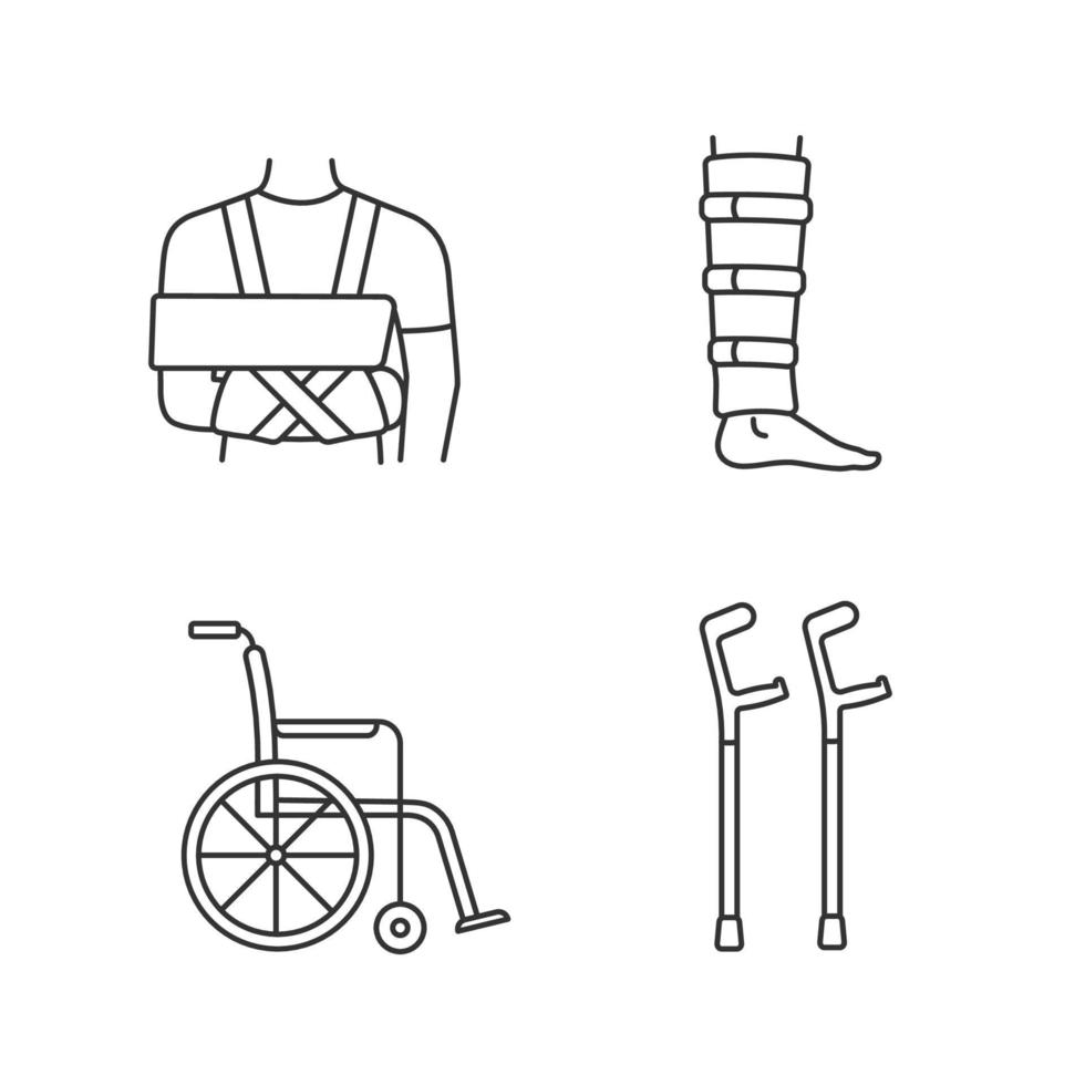 Trauma treatment linear icons set. Shoulder immobilizer, shin brace, wheelchair, elbow crutches. Thin line contour symbols. Isolated vector outline illustrations. Editable stroke