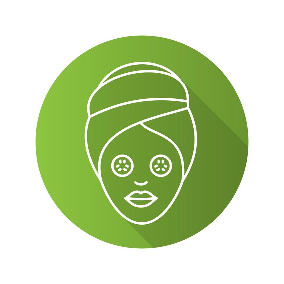 Spa procedure flat linear long shadow icon. Woman with cucumber facial mask. Vector line symbol