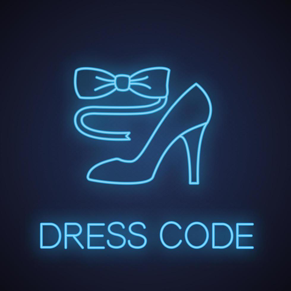 Bow tie and high heel shoe neon light icon. Party dress code glowing sign. Women's and men's accessories. Vector isolated illustration