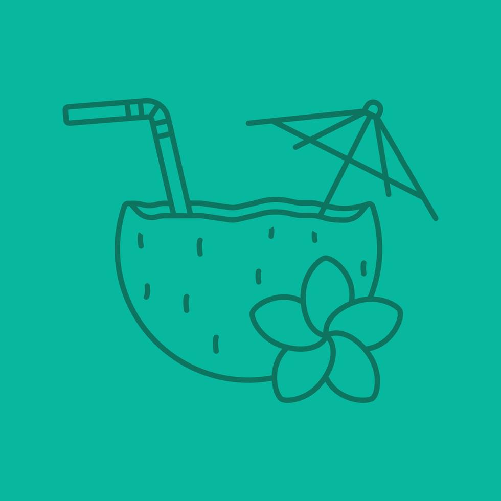 Beach cocktail color linear icon. Pina colada cocktail with straw, umbrella and plumeria flower. Thin line contour symbols on color background. Vector illustration