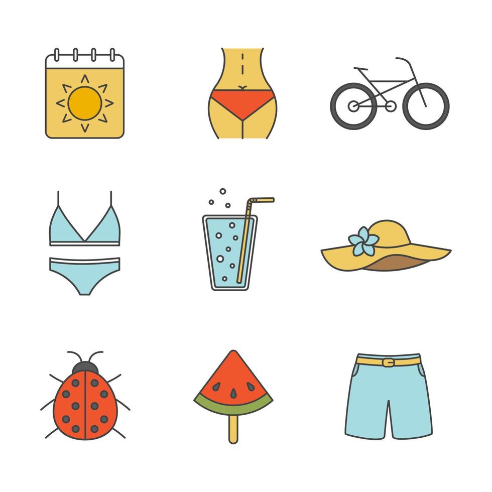 conjunto de iconos de colores de verano. calendario, cuerpo de mujer, bicicleta, bañador y gorro de playa, limonada, mariquita, sandía en palo, bañador. ilustraciones vectoriales aisladas vector