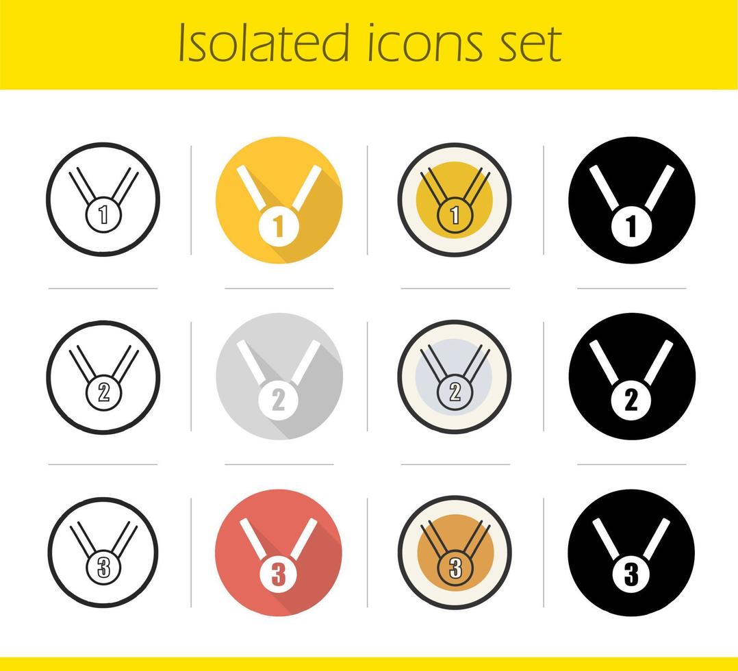 Sport medals icons set. Flat design, linear, black and color styles. Gold, silver and bronze medals. Isolated vector illustrations