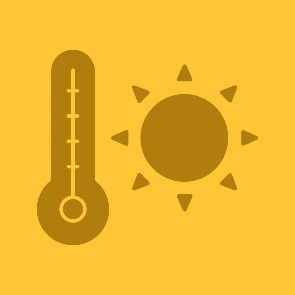 Summer heat glyph color icon. Silhouette symbol. Rising sun with thermometer. Summer weather. Negative space. Vector isolated illustration