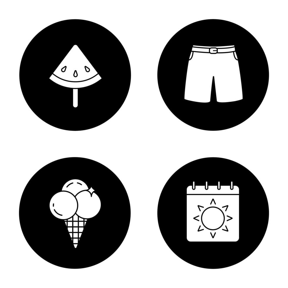 Summer icons set. Watermelon slice on stick, swimming trunks, calendar with sun, ice cream. Vector white silhouettes illustrations in black circles