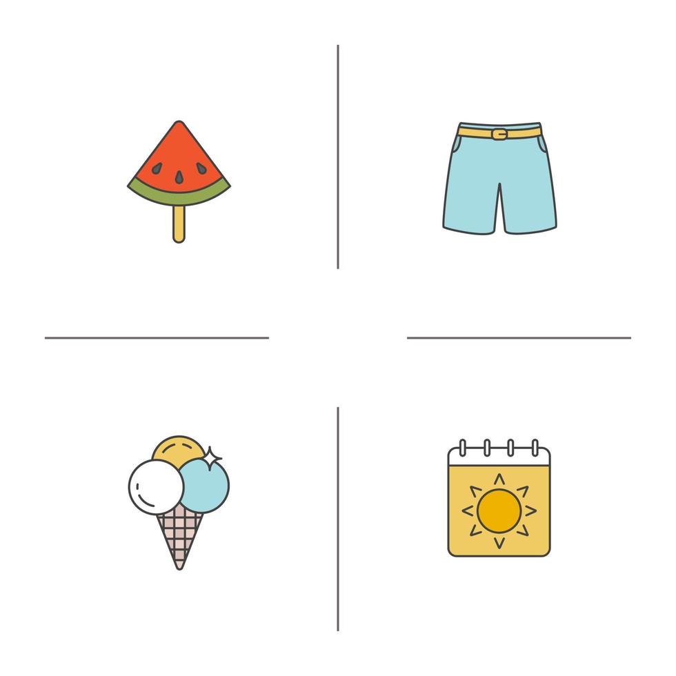 Summer color icons set. Watermelon slice on stick, swimming trunks, calendar with sun, ice cream. Isolated vector illustrations