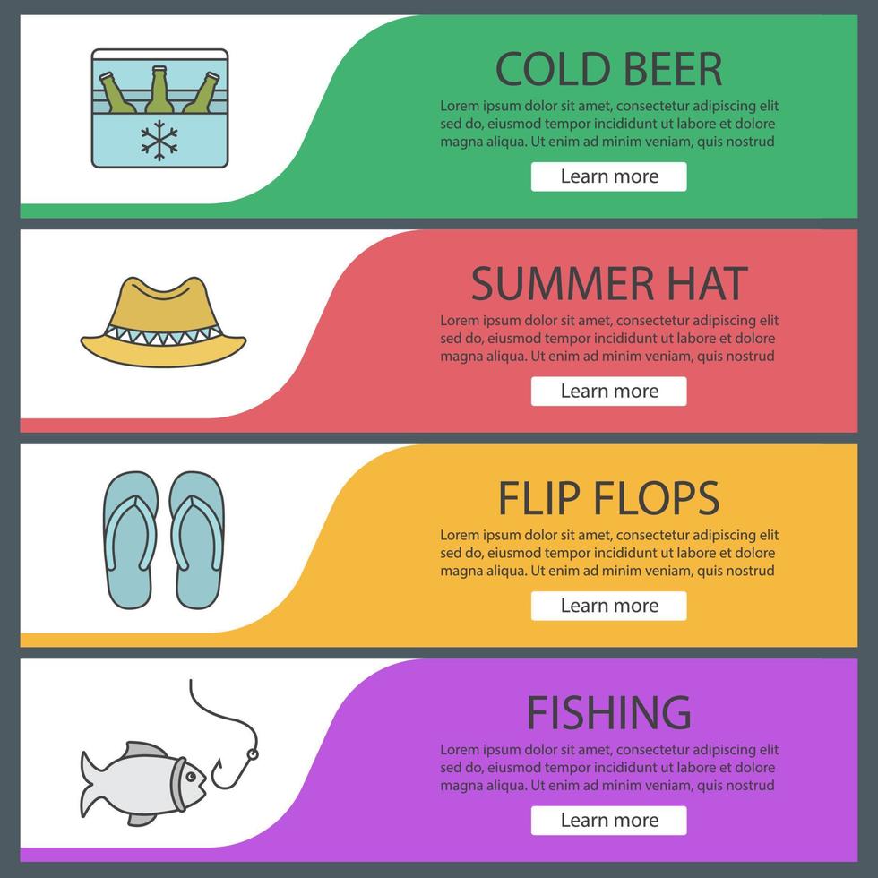 Summer web banner templates set. Cold beer, homburg hat, flip flops, fishing. Website color menu items. Vector headers design concepts