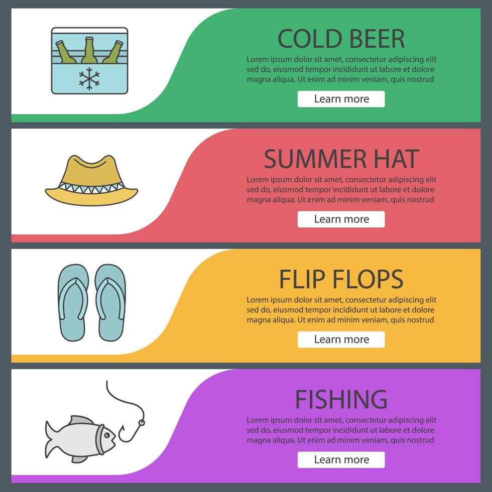 conjunto de plantillas de banner web de verano. cerveza fría, sombrero de hombre, chanclas, pesca. elementos del menú de color del sitio web. conceptos de diseño de encabezados vectoriales vector