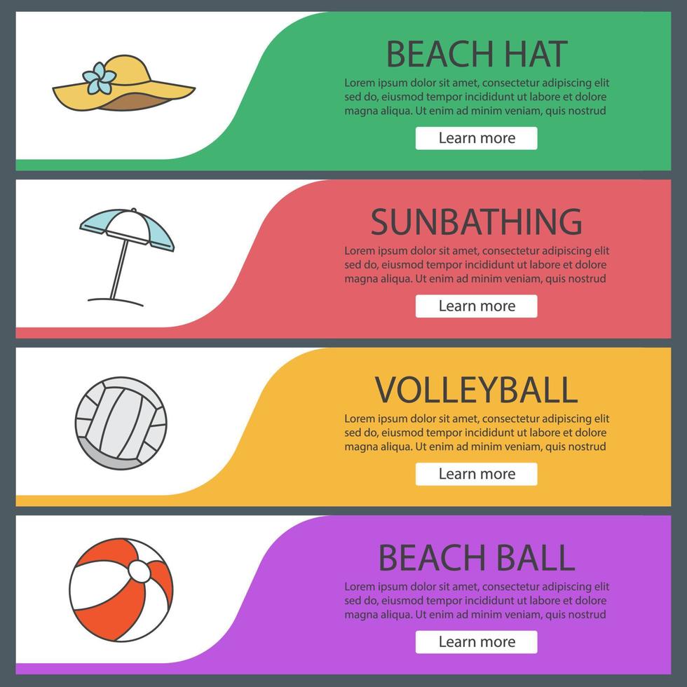 Summer banner templates set. Beach umbrella, hat, volleyball ball. Website menu items. Color web banner. Vector headers design concepts