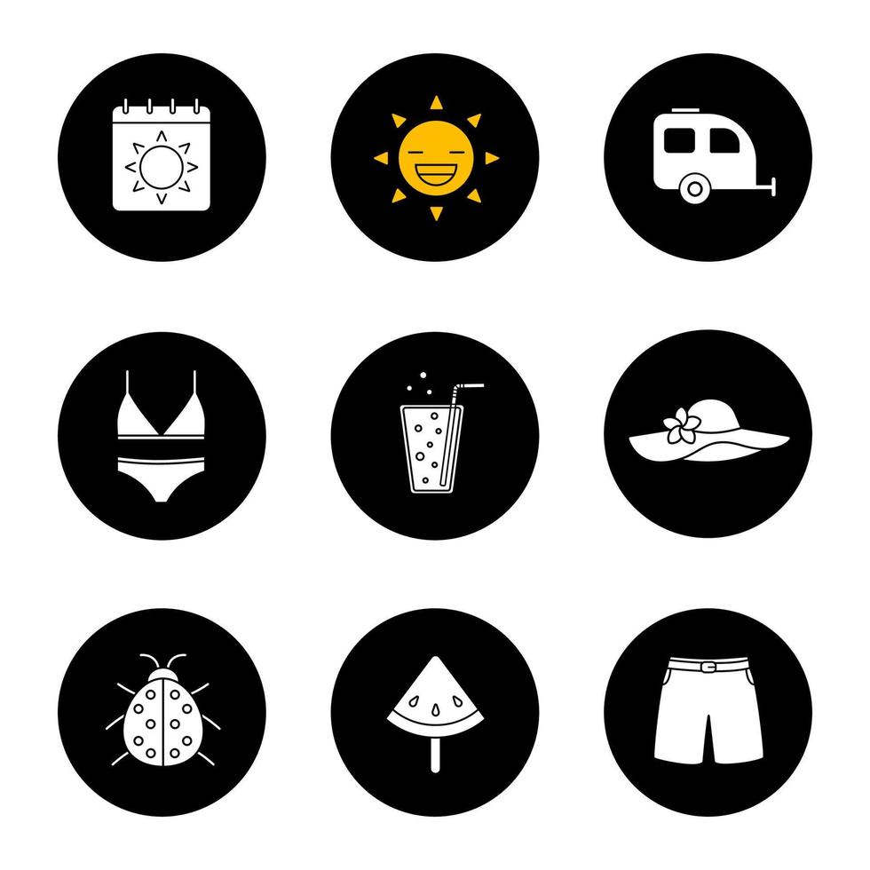 Summer icons set. Calendar, sun, trailer, swimsuit and beach hat, lemonade, ladybug, watermelon on stick, swimming trunks. Vector white silhouettes illustrations in black circles