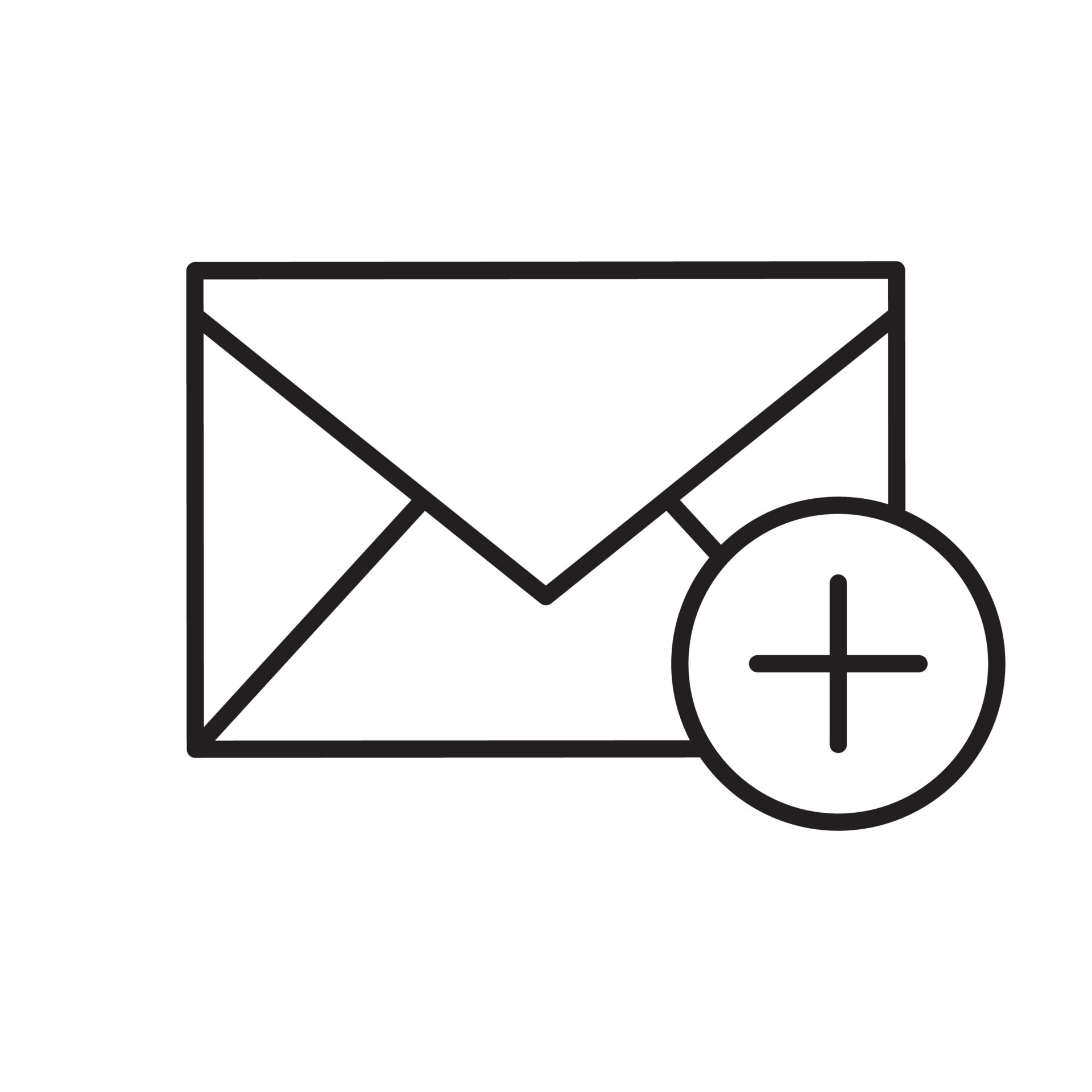 Add email linear icon. Thin line illustration. Email letter with plus