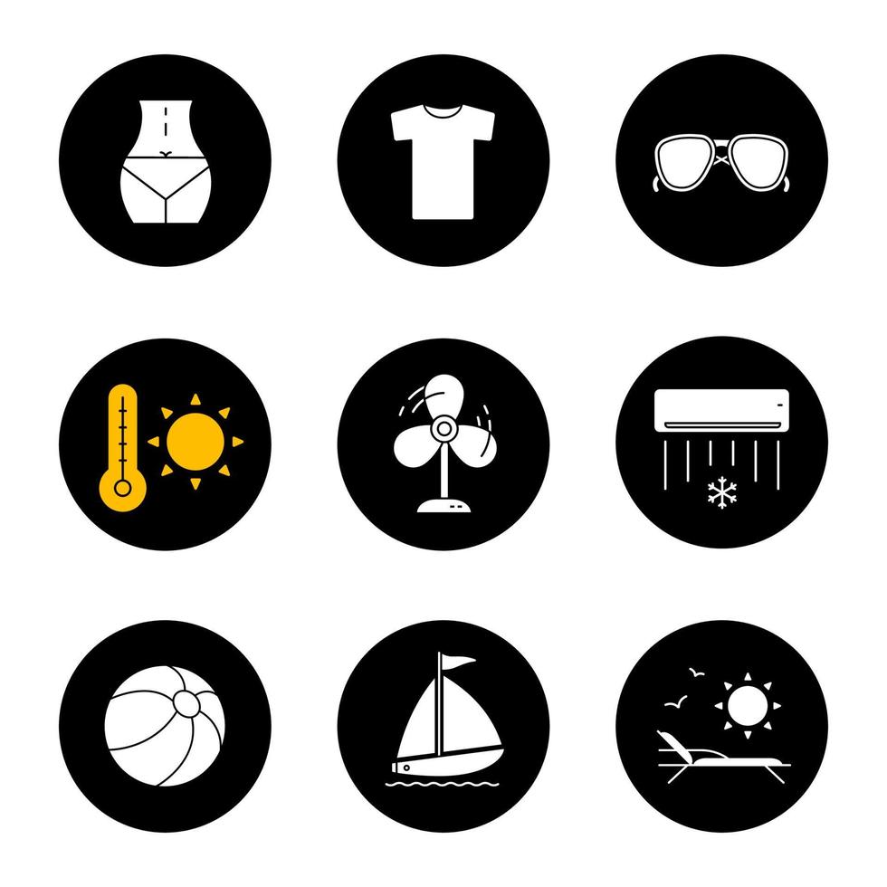 Summer icons set. Woman's body, t-shirt, sunglasses, summer heat, fan, air conditioner, beach ball, sunbed, sailboat. Vector white silhouettes illustrations in black circles