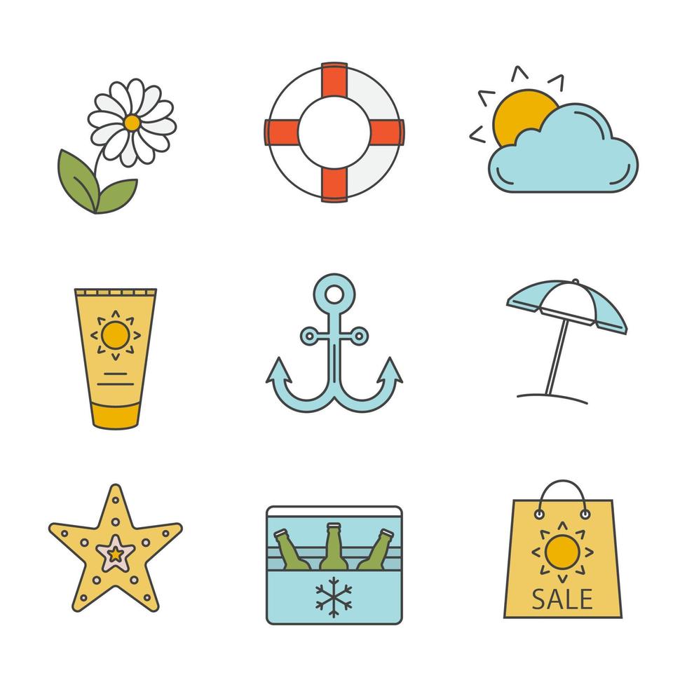 Summer color icons set. Flower, sun and cloud, lifebuoy, sunbathing cream, beach umbrella, anchor, seastar, summer sale, portable fridge with beer. Isolated vector illustrations