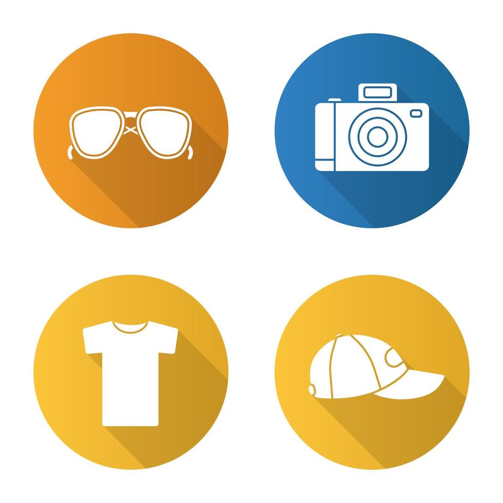 Conjunto de iconos de larga sombra de diseño plano de artículos de verano. gafas de sol, cámara de fotos, camiseta, gorra. ilustración de silueta de vector