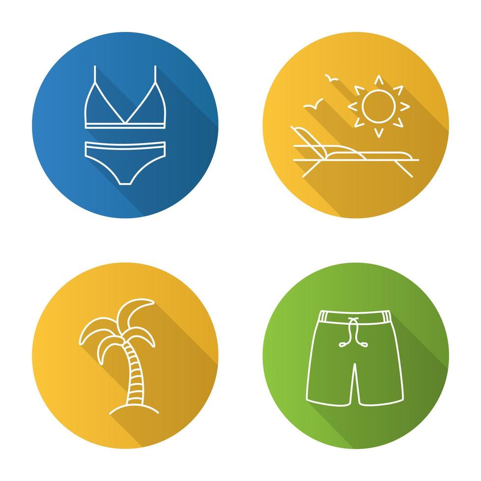 Summer flat linear long shadow icons set. Women's swimsuit, swimming trunks, palm tree, lounger with birds and sun. Vector line illustration