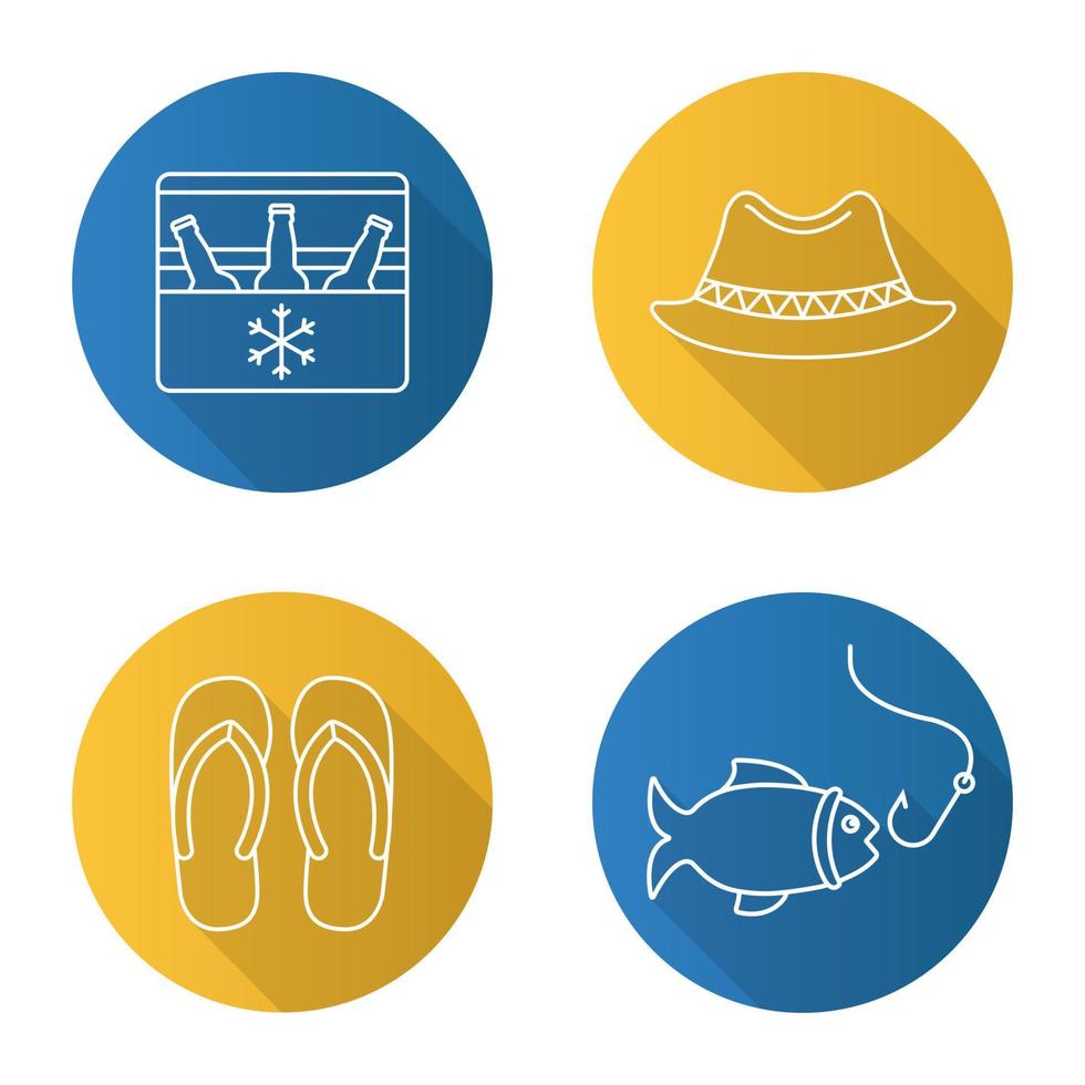 Summer recreation items. Flat linear long shadow icons set. Portable fridge with beer, homburg hat, flip flops, fishing. Vector line illustration