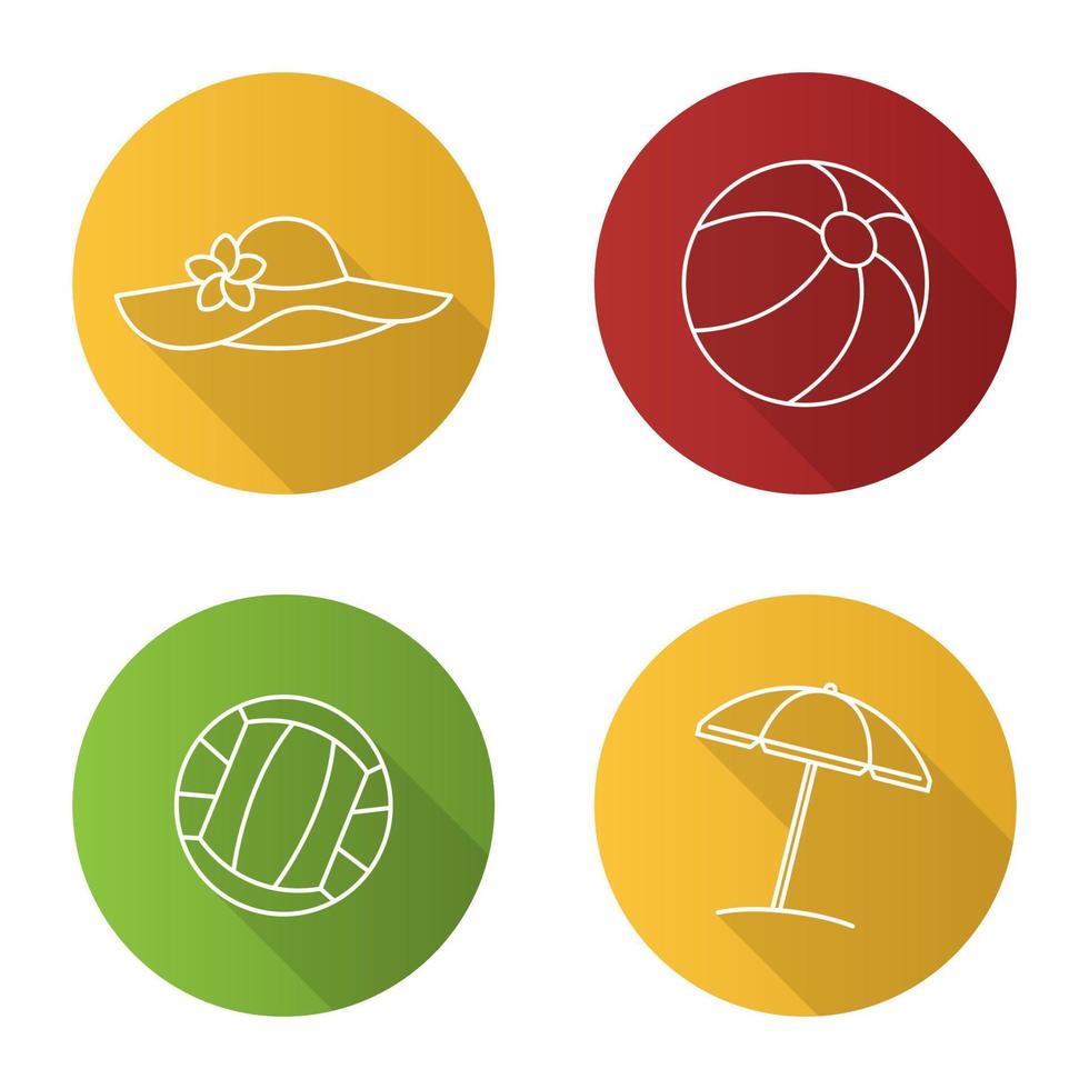 Conjunto de iconos de larga sombra plana lineal de descanso en la playa. vacaciones de verano. pelotas de voleibol y playa, sombrilla, gorro de mujer. ilustración de línea vectorial vector