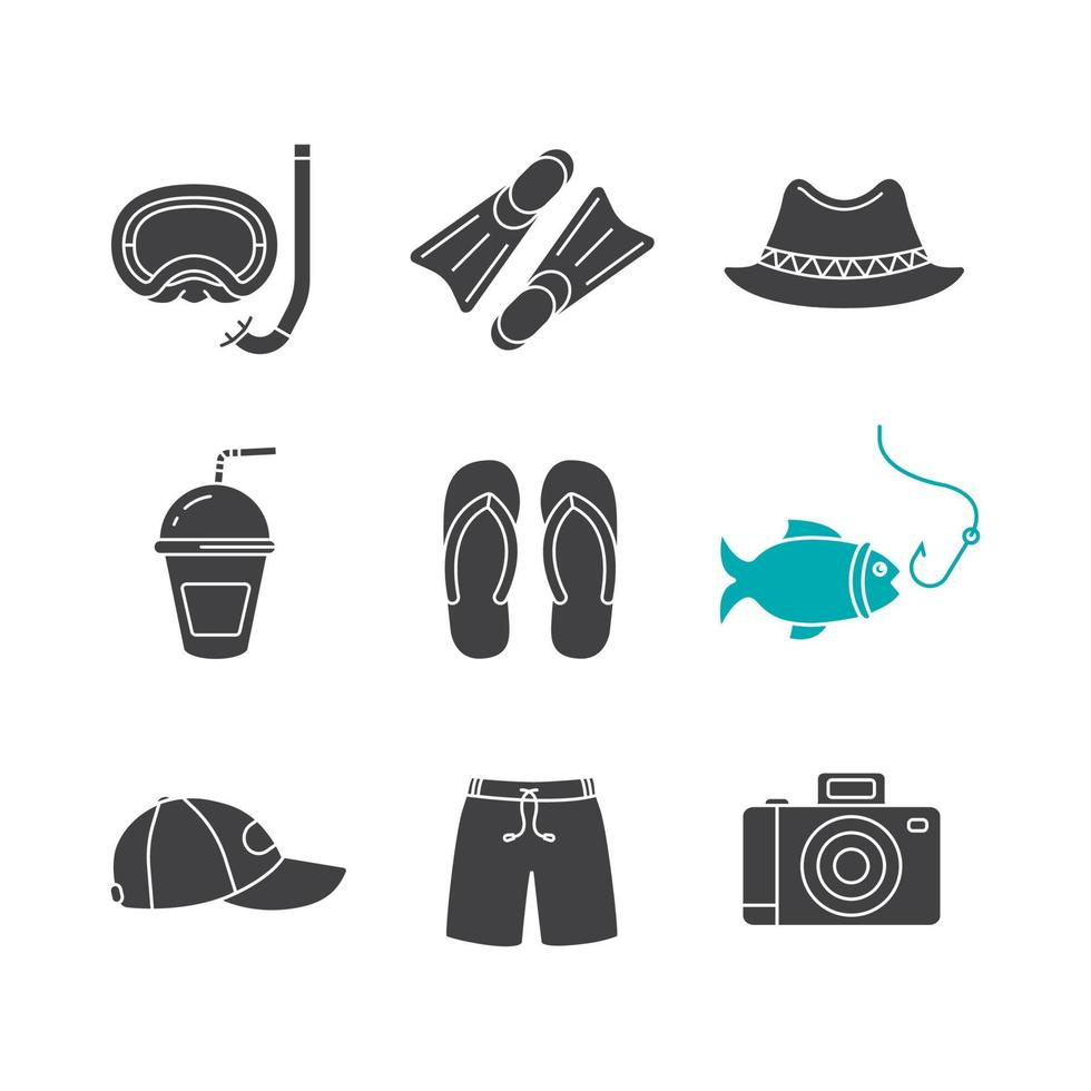Summer holidays glyph icons set. Silhouette symbols. Aqualung, flippers, homburg hat, refreshing drink, flip flops, fishing, cap, swimming trunks, photo camera. Vector isolated illustration